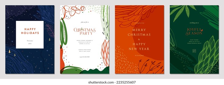 Christmas templates. Abstract Winter Holiday cards with universal decorative frames with copy space, Christmas Tree, birds and greetings. Vector background.