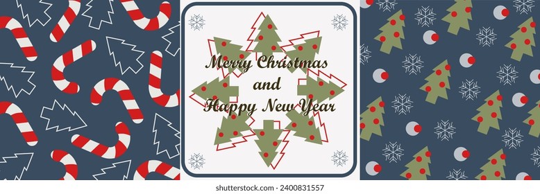 Christmas templates with candy cane, Christmas tree, showflakes. Winter holiday design for cards, print, poster, web page. Xmas decoration. Modern vecrot illustration