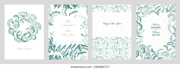 Christmas templates with copy space. Set greeting cards Merry Christmas, Happy New Year with vector hand drawn decorative Christmas wreath, universal floral frame.   