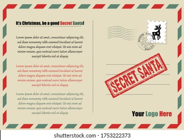 Christmas templates letter from Santa Claus, Letter to Santa, envelope, postage stamps. Secret Santa Vector Illustration. Letter for emloyees, for kids or a invitation to Christmas event.
