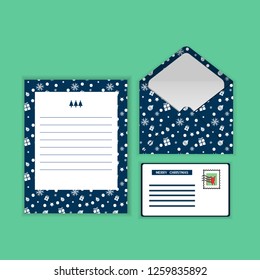 Christmas Templates, Letters, Envelopes, Postcard.  styles white  color have gift,ball,star and snowflake on background is navy blue. Lovely pattern Can be used to write letters on various occasion