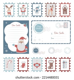 Christmas templates set. 2023 New Year. letter with cute Santa Claus, envelope with seals and postage stamps with traditional symbols and decor. Vector illustration.