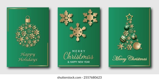 Christmas templates, set of backgrounds design for banner, flyer, card with gold and green balls, snowflakes, gift boxes, garland, stars. elegant vector illustration for invitation, poster, greeting