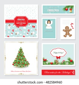 Christmas templates set. Greeting cards, banners, wish list, labels and stickers.