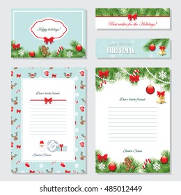 Christmas Templates Set. Greeting cards, Banners, Letters from Santa Claus, labels and stickers