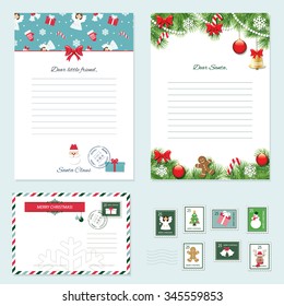 Christmas Templates Set. Letter From Santa Claus, Letter To Santa, Envelope, Postage Stamps. Pattern With Angels Added In Swatches.