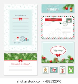 Christmas templates set. Letter from Santa Claus, Greeting cards, banner, envelope and postage stamps. Pattern with gingerbread man added in swatches.