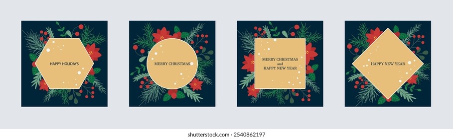 Weihnachtsvorlagen für soziale Netzwerke mit Inschriften. Quadratische Karten mit Text, verziert mit Tannenzweigen, Beeren, heilig. Design für Poster, Postkarte, Plakat, Einladung. Frohe Weihnachten