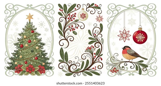 Modelos de Natal. Ilustração vetorial Cartões de férias de inverno. Universal decorativo ornado redemoinho floral quadros com espaço de cópia, Árvore de Natal, ornamento de Natal, pássaro e saudações em estilo plano com