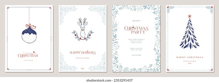 Christmas templates. Winter Holiday cards, decorative ornate floral frames with copy space, Christmas Tree, baby deer, Christmas ornament, bird and greetings.