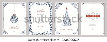 Christmas templates. Winter Holiday cards. Universal decorative ornate swirl floral frames with copy space, Christmas Tree, Christmas ornament, bird and greetings.