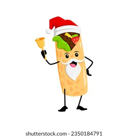 El personaje de burrito mexicano de tex mex de Navidad usa Papá Noel que alegremente suena como una campana. Vector aislado, sabroso de comida callejera padre Noel personage celebra navidad con un toque caprichoso