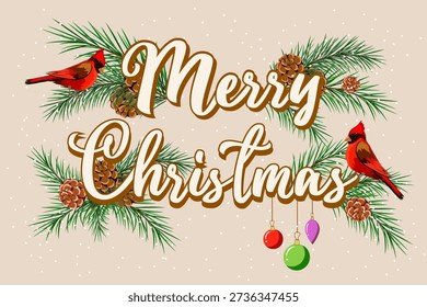 Christmas text with birds and trees.Vector illustration with Christmas text, cardinal birds and fir tree branches on a light background with snow.