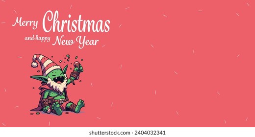 Christmas text Calligraphic Lettering Vector illustration. A Goblin with a Happy Face Sitting Having a Party