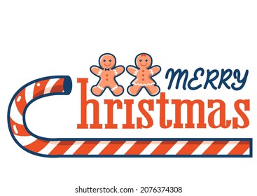 Christmas text decoration sweet cane and cookies gingerbread decor. Vector winter holiday illustration isolated on white for design