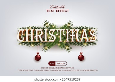 Christmas Text Effect 3D Gold Luxury Style. Editable Text Effect. Christmas Tree Branch, Lights, Ball Element. Vector Illustration.