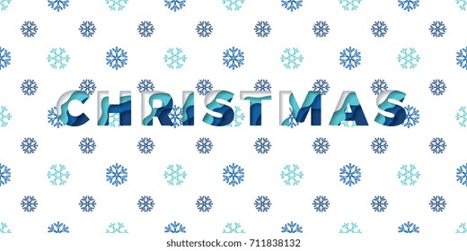 christmas text filled paper cut color layers on a background with snowflakes pattern. vector holiday greeting card design