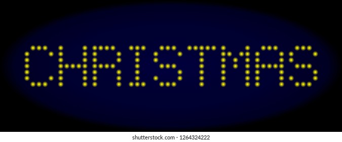 Christmas text in LED style with round glowing pixels. Vector bright yellow letters forms Christmas text on a dark blue background. Digital font with round elements.