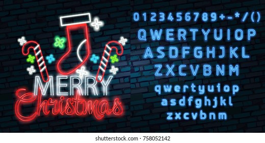 Christmas text neon sign. Neon sign, bright signboard, light banner. Vector icons