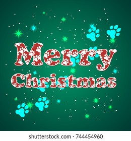 Christmas text on background. Glowing green background and shine year of the dog.Vector illustration.