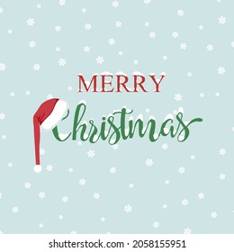 Christmas text with snow and Santa hat on letters. New year template banner. Snowflake background