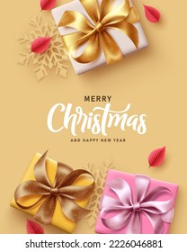 Diseño de fondo vectorial de texto de Navidad. Feliz Navidad y feliz tarjeta de bienvenida de año nuevo con cajas de regalo y copos de nieve dorados para una decoración minimalista y elegante de vacaciones. Ilustración vectorial.