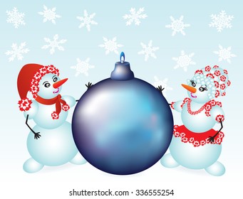 Christmas texture with a couple of snowmen holding a Christmas blue ball