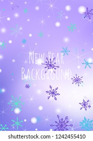 Christmas Texture with Cute Snowflakes and Shiny Lights. Festive Background for Christmas Decoration, Banner, Card. Vertical A4 Vector Background.