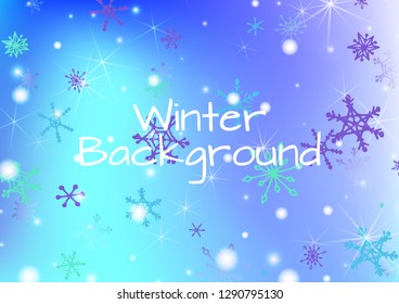 Christmas Texture with Cute Snowflakes and Shiny Lights. Festive Background for Christmas Decoration, Wrapping, Paper. Vertical A4 Vector Background.