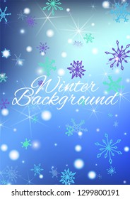 Christmas Texture with Delicate Snowflakes and Shiny Lights. Festive Background for Christmas Decoration, Cloth, Fabric. Vertical A4 Vector Background.