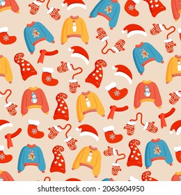 Christmas texture with festive clothes, sweaters, hats, mittens and socks. Vector illustration of Merry Christmas and Happy New Year. Seamless pattern. Winter holiday.