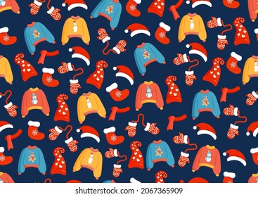 Christmas texture with festive clothes, sweaters, hats, mittens and socks. Vector illustration of Merry Christmas and Happy New Year. Seamless pattern. Winter holiday
