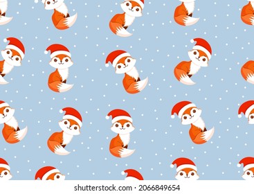 Christmas texture with festive foxes and snow. Vector illustration of Merry Christmas and Happy New Year. Seamless pattern. Winter holiday