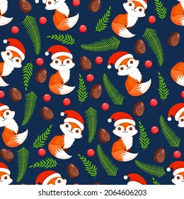 Christmas texture with festive foxes, years, fir branches and cones. Vector illustration of Merry Christmas and Happy New Year. Seamless pattern. Winter holiday.