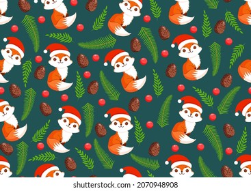 Christmas texture with festive foxes, years, fir branches and cones. Vector illustration of Merry Christmas and Happy New Year. Seamless pattern. Winter holiday.
