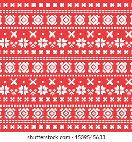 Christmas texture with geometric ornament. Bright Christmas wrapping paper in traditional red and white colors. Winter design elements. Happy Holiday borders. Vector illustration.