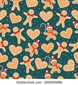 Christmas texture with gingerbread cookies, cookies and sweets. Vector illustration of Merry Christmas and Happy New Year. Seamless pattern. Winter holiday.