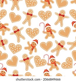 Christmas texture with gingerbread cookies, cookies and sweets. Vector illustration of Merry Christmas and Happy New Year. Seamless pattern. Winter holiday