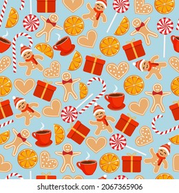 Christmas texture with gingerbread cookies, sweets, cup and gifts. Vector illustration of Merry Christmas and Happy New Year. Seamless pattern. Winter holiday