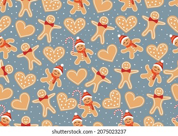 Christmas texture with gingerbread cookies, cookies and sweets. Vector illustration of Merry Christmas and Happy New Year. Seamless pattern. Winter holiday.