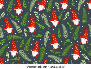 Christmas texture with gnomes and fir branches. Vector illustration of Merry Christmas and Happy New Year. Seamless pattern. Winter holiday. Scandinavian nordic gnome, cute Santa gnome elf