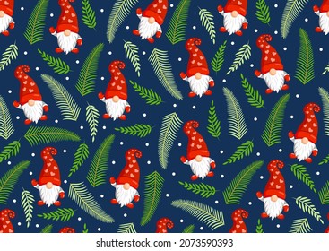 Christmas texture with gnomes and fir branches. Vector illustration of Merry Christmas and Happy New Year. Seamless pattern. Winter holiday. Scandinavian nordic gnome, cute Santa gnome elf.