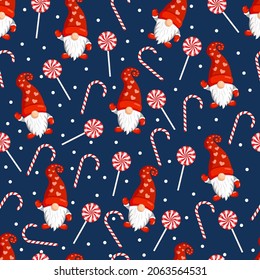 Christmas texture with gnomes and red candies. Vector illustration of Merry Christmas and Happy New Year. Seamless pattern. Winter holiday. Scandinavian nordic gnome, cute Santa gnome elf.