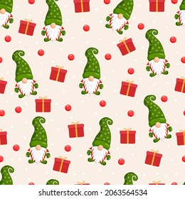 Christmas texture with gnomes, toys and gifts. Vector illustration of Merry Christmas and Happy New Year. Seamless pattern. Winter holiday. Scandinavian nordic gnome, cute Santa gnome elf.