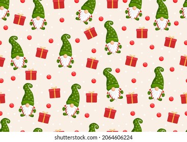 Christmas texture with gnomes, toys and gifts. Vector illustration of Merry Christmas and Happy New Year. Seamless pattern. Winter holiday. Scandinavian nordic gnome, cute Santa gnome elf.