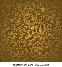 Christmas texture in gold colors. Happy New Year and Christmas winter holidays pattern with  christmas tree and stars. Trendy abstract illustration.  Drawing for poster or pattern. vector 