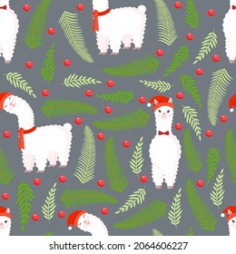 Christmas texture with llama, alpaca, berries and spruce branches. Vector illustration of Merry Christmas and Happy New Year. Seamless pattern. Winter holiday.