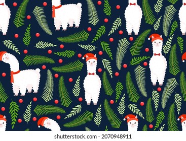 Christmas texture with llama, alpaca, berries and spruce branches. Vector illustration of Merry Christmas and Happy New Year. Seamless pattern. Winter holiday.