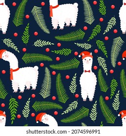 Christmas texture with llama, alpaca, berries and spruce branches. Vector illustration of Merry Christmas and Happy New Year. Seamless pattern. Winter holiday