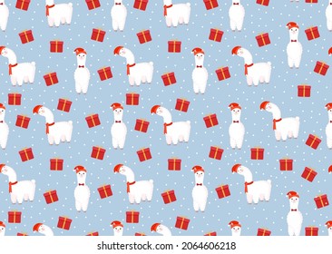 Christmas texture with llama, alpaca and holiday gifts. Vector illustration of Merry Christmas and Happy New Year. Seamless pattern. Winter holiday.